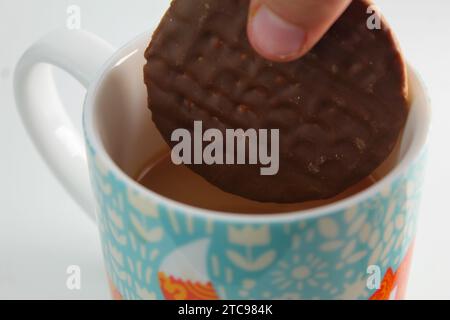 Une photo rapprochée d'une personne trempant un digestif au chocolat dans une tasse de thé. Banque D'Images