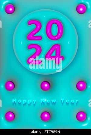 2024 nouvel an 3D design de mode réaliste boutons brillants, style en plastique, modèle bleu vibrant. Symbole de vacances pour carte de voeux, invitation, Illustration de Vecteur