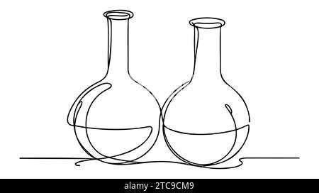 Flacon à fond rond à deux cols, tracé continu sur une ligne. Illustration continue d'une ligne d'équipement de laboratoire en verre. Illustration linéaire vectorielle. Illustration de Vecteur