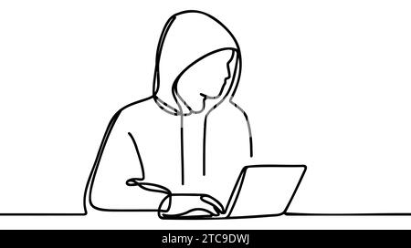 Une ligne continue d'un ordinateur Hacker. Concept de vecteur d'illustration à trait fin. Dessin de contour idées créatives. Illustration de Vecteur