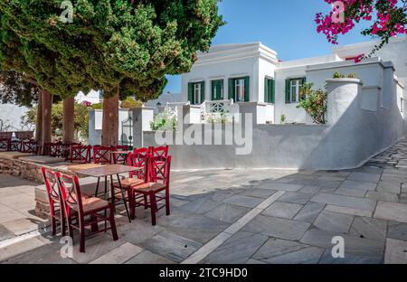 Café trottoir avec des tables à l'ombre des arbres en été. Village de Pirgos, île de Tinos, Cyclades, Grèce Banque D'Images