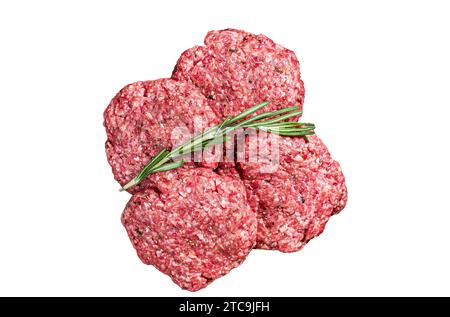 Frikadellen non cuit à partir de viande de bœuf haché, côtelettes de viande crues. Isolé, fond blanc Banque D'Images
