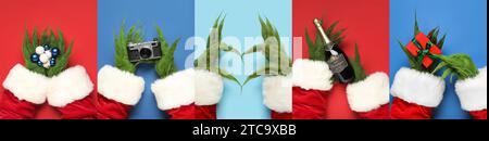 Collage de mains velues vertes de créature en costume de Père Noël, avec différents objets de Noël et appareil photo sur des fonds rouges et bleus Banque D'Images