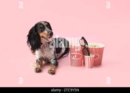 Mignon chien Cocker Spaniel avec des seaux de pop-corn et des lunettes de cinéma 3D reposant sur fond rose Banque D'Images