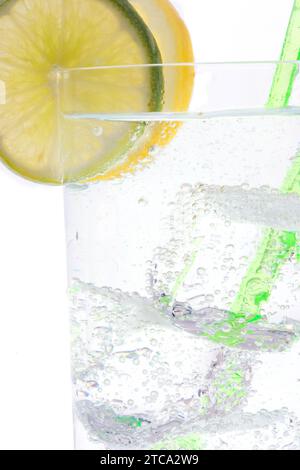 Vodka ou Gin & Tonic boisson mélangée avec du citron/ligne slice garnir close up on white background Banque D'Images