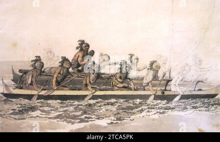 « Canoe des îles Sandwich, les Rowers masqués », par John Webber, v. 1778. Banque D'Images