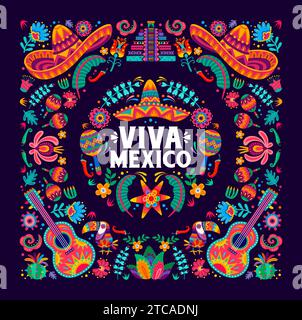 Viva Mexico bannière du jour de l'indépendance mexicaine. Vector alebrije style fond capturant l'essence vibrante de la culture latine. Fleurs tropicales, sombrero et maracas, pinata, oiseaux toucans, guitares, pyramide Illustration de Vecteur