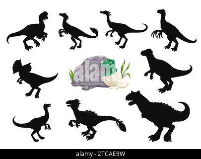 Dessins animés dinosaures personnages drôles silhouettes. Reptile éteint, mascotte vecteur dinosaure Jurassique. Carnotaurus, Oviraptor, Pachycephalosaurus et Dilophosaurus, Compsognathus, Gallimimus personnage mignon Illustration de Vecteur