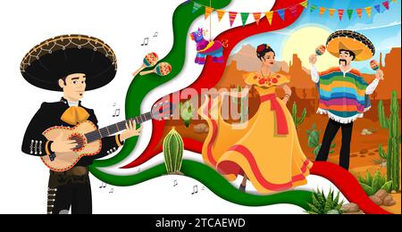 Bannière découpée en papier de voyage mexicain, avec paysage désertique, pinata et maracas, fond vectoriel. Danseuse femme et mariachi musiciens personnages dans sombrero avec guitare et maracas sur fiesta au Mexique Illustration de Vecteur