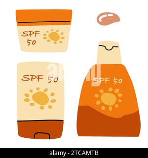 ensemble de produit cosmétique avec protection spf50. Crèmes, Déodorant, hydratant. Illustration vectorielle dans le style plat. Peut être utilisé pour fond de crème solaire cosmétique, affiche, flyer, bannière. Illustration de Vecteur