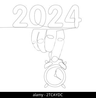 Une ligne continue de réveil avec le numéro 2024. Concept de vecteur d'illustration de vacances Thin Line. Dessin de contour idées créatives. Illustration de Vecteur