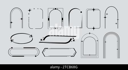 Cadres rétro futuristes noirs arqués isolés sur fond blanc. Illustration vectorielle de fenêtre de vague rétro, porte, frontières de porte avec des étoiles, des points, des lignes, des éléments de conception abstraits pour bannière vintage Illustration de Vecteur
