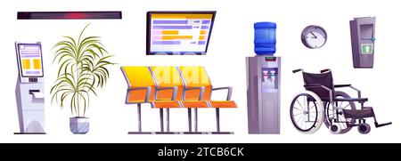 Mobilier et équipement intérieurs de la salle de réception de l'hôpital. Éléments de dessin animé pour le service médical et la salle d'attente - chaises pour les patients à s'asseoir et fauteuil roulant, distributeur d'eau et plantes décoratives. Illustration de Vecteur