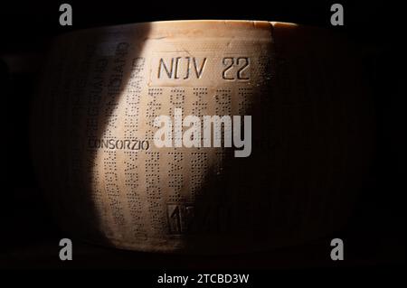 Modène, Italie. 13 octobre 2023. Les meules à fromage parmesan reposent côte à côte sur des planches de bois dans le magasin d'affinage de la fromagerie Madonne Caseificio dell'Emilia 4. Crédit : Sebastian Kahnert/dpa/Alamy Live News Banque D'Images