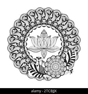 Page de livre de coloriage de mandala de lotus isolé pour adulte pour l'intérieur de livre de KDP. Pétales paisibles, capacité à se détendre, expériences cérébrales, Haven harmonieux, paisible Illustration de Vecteur