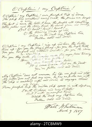 Whitman poème O Captain My Captain 09MAR1887 manuscrit. Banque D'Images