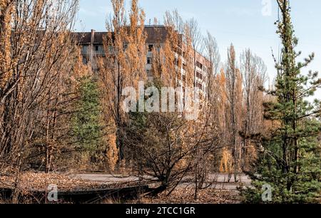 Vider les vieilles maisons dans la rue de la ville abandonnée Tchernobyl Ukraine en automne Banque D'Images