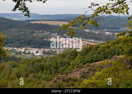 Vue panoramique au paysage avec des collines, des forêts et des branches d'arbres au premier plan autour de la ville Eisenach Banque D'Images