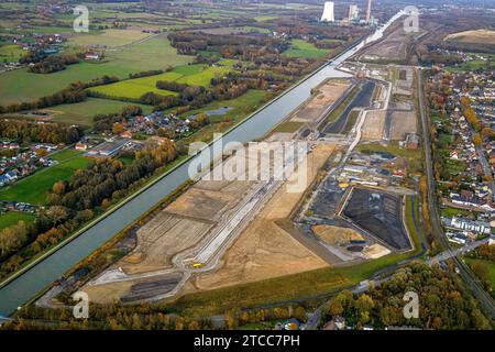 Vue aérienne, Wasserstadt Aden, sur le canal Datteln-Hamm, zone de construction d’un quartier urbain prévu sur le site de l’ancienne mine Haus Aden, Banque D'Images