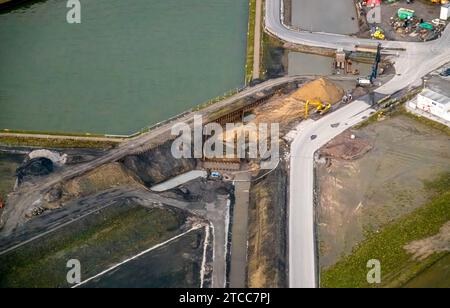 Vue aérienne, gros plan de Wasserstadt Aden, sur le canal Datteln-Hamm, zone de construction du quartier urbain prévu sur le site de l'ancienne Haus Aden Banque D'Images