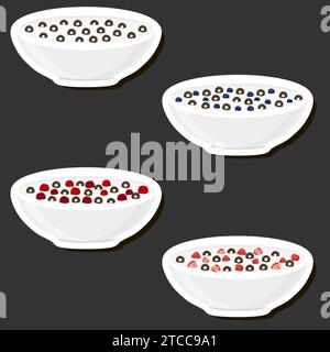 Illustration sur le thème grand ensemble différents types dessert céréales au lait sucré dans un bol, céréales composées de bols remplis de divers ingrédients Illustration de Vecteur