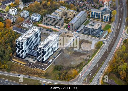 Vue aérienne, nouveau complexe d'appartements en construction modulaire au Campus communautaire, Greenstay Bochum Seven Stones quartier, derrière la police Banque D'Images