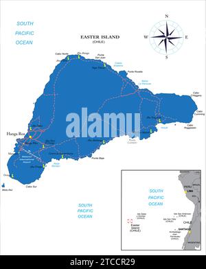 Carte vectorielle politique très détaillée de l'île de Pâques (CHILI) avec les régions administratives et les principales villes. Illustration de Vecteur