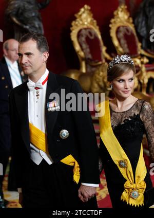 06/09/2014. Palais royal. Madrid. Espagne. Dîner de gala en l'honneur du Président du Mexique Enrique Peña Nieto et de son épouse Angelica Rivara. Les princes des Asturies Don Felipe et Doña Letizia et les rois Don Juan Carlos et Doña Sofia présideront le dîner. Photo : de Saint Bernard. archdc. Crédit : Album / Archivo ABC / Eduardo San Bernardo Banque D'Images