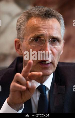 Madrid, 07/03/2018. Entretien avec le secrétaire général de l’OTAN, Jens Stoltenberg, à Moncloa. Photo : de San Bernardo Archdc. Crédit : Album / Archivo ABC / Eduardo San Bernardo Banque D'Images