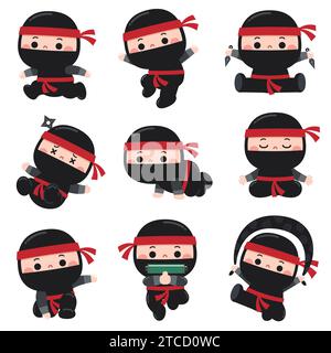 Une illustration amusante et adorable de style dessin animé avec des personnages ninja vêtus de tenues noires avec des bandeaux rouges. Les ninjas sont représentés en diffe Illustration de Vecteur