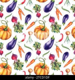 Aquarelle modèle sans couture de légumes, citrouilles, aubergines, piments, oignons, betteraves et carottes. Une nutrition adéquate. Conception d'emballage, clipart Banque D'Images