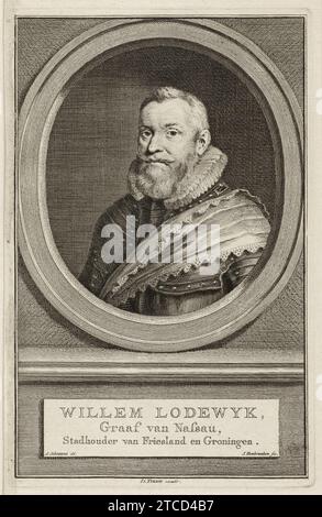 Willem Lodewijk, Graaf van Nassau Portret van Willem Lodewijk in een harnas, in een ovaal. Het portret rust op een plint waarop zijn naam en gegevens in vier regels in het Nederlands. Banque D'Images