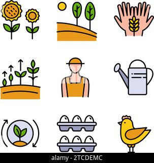 Ensemble vectoriel de logos, badges et icônes pour les produits naturels de ferme et de santé. Jeu d'icônes de couleur d'agriculteur. Contour ensemble d'icônes vectorielles de fermier pour la conception Web Illustration de Vecteur