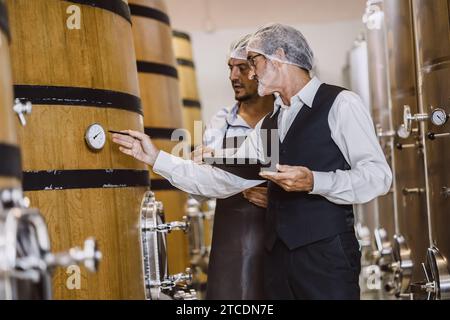 Viticulteur professionnel travaillant dans une grande usine de vinification moderne alcool alcool alcool industrie du contrôle de la qualité et de la fermentation surveillent la couleur vintage à Banque D'Images