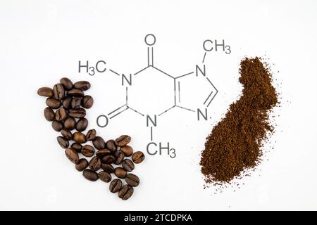 formule structurelle pour le café avec des grains de café et de la poudre Banque D'Images
