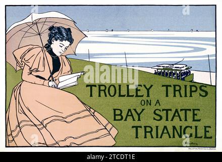 Voyages en trolley sur un triangle de Bay State, chemin de fer de style Belle époque - tram - poster de trolley, Charles Woodbury Artwork, c 1897 Banque D'Images