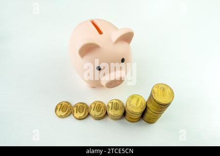 augmentation des bénéfices. Politique financière de la Fédération de Russie. Tirelire et argent russe. accumulation d'argent. Investissements dans l'économie russe de c Banque D'Images