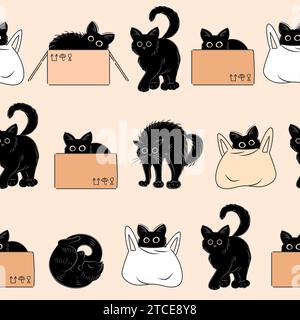 Modèle sans couture de chats mignons se cachant dans un sac et une boîte. Mode de vie de chat mignon gras. Animaux de compagnie. Le chat hisse, dort, chasse, marche. Pour papier peint, tissu, wra Illustration de Vecteur