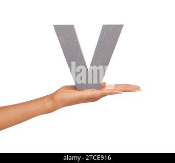 V, alphabet et main avec lettre sur fond blanc pour l'orthographe, la langue et le message. Anglais, communication et signe isolé, symbole et icône Banque D'Images