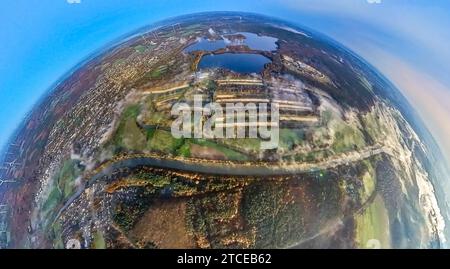 Luftbild, Gelsenwasser Wasserwerk Haltern am Halterner Stausee, Fluss Lippe im Morgennebel und umgeben von herbstlichen Laubbäumen, Erdkugel, Fisheye Aufnahme, Fischaugen Aufnahme, 360 Grad Aufnahme, petit monde, petite planète, fisheye Bild, Haltern-Stadt, Haltern am See, Ruhrgebiet, Nordrhein-Westfalen, Deutschland ACHTUNGxMINDESTHONORARx60xEURO *** vue aérienne, Gelsenwasser aqueduc Haltern au réservoir Haltern, rivière Lippe dans le brouillard matinal et entouré d'arbres caduques automnaux, globe terrestre, image fisheye, image fisheye, image 360 degrés, monde minuscule, petite planète, image fisheye, Banque D'Images