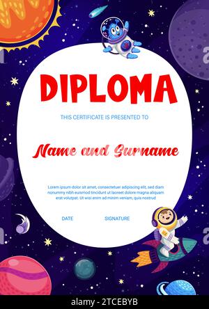 Diplôme pour enfants. Cartoon espace galaxie, extraterrestre et astronaute, planètes et étoiles. Gagnant de vecteur éducatif ou certificat d'école de graduation avec fusée d'équitation d'enfant. Modèle de cadre de prix de science d'astronomie Illustration de Vecteur