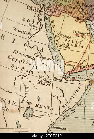 Une carte politique vintage/antique en sépia montrant l'Egypte et l'Arabie Saoudite. Banque D'Images