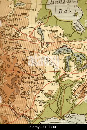 Une carte géographique vintage/antique en sépia montrant le centre de l'Amérique du Nord. Banque D'Images