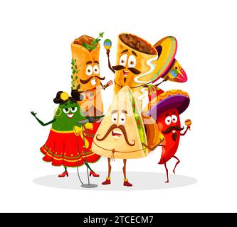 Dessins animés mexicains Tex Mex cuisine dansant des personnages pour la fête de vacances du Mexique, la nourriture vectorielle. Burrito drôle en sombrero avec maracas, quesadilla mariachi musicien et piment avec chant d'avocat Illustration de Vecteur