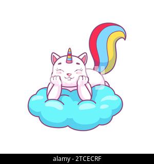 Mignon kawaii caticorne rêvant sur le nuage, chaton heureux vecteur avec queue arc-en-ciel, licorne de chat de dessin animé méditant ou dormant dans le ciel Illustration de Vecteur