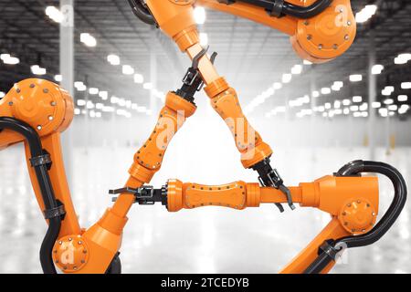 Les bras robotisés se tiennent les uns les autres, en signe de force et de travail d’équipe. Rendu 3D sur fond industriel. Banque D'Images