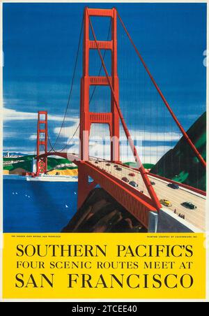 Pacifique Sud quatre routes panoramiques se rejoignent à San Francisco - Golden Gate Bridge (fin des années 1930). Affiche de voyage américaine Banque D'Images