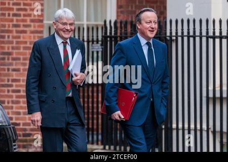 Downing Street, Londres, Royaume-Uni. 12 décembre 2023. Andrew Mitchell, député, ministre d'État (ministre du développement) au Foreign, Commonwealth and Development Office, et David Cameron, secrétaire d'État aux Affaires étrangères, au Commonwealth et au développement, assistent à la réunion hebdomadaire du Cabinet au 10 Downing Street. Crédit : amanda rose/Alamy Live News Banque D'Images