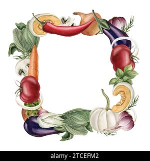 Cadre avec des légumes : citrouille, aubergine, tomate, poivre, Bok Choy. champignons, carotte, ail, basilic. Illustration aquarelle peinte à la main isolé sur Banque D'Images