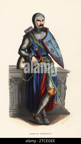 Sir Roger de Trumpington, chevalier croisé, mort en 1289. En hauberk chainmail, tunique bleue, casque, armure de genou, avec épée et bouclier héraldique Azure crusily deux hautboys pilewise ou. De sa plaque de laiton tombstone dans l'église de Trumpington, Cambridgeshire. Gravure sur bois colorée à la main de Vermonckens d’après une illustration de Charles Hamilton Smith tirée du Costume du Moyen Age de Jacques Joseph van Beveren, Costume médiéval, Librairie Historique-artistique, Bruxelles, 1847. Banque D'Images